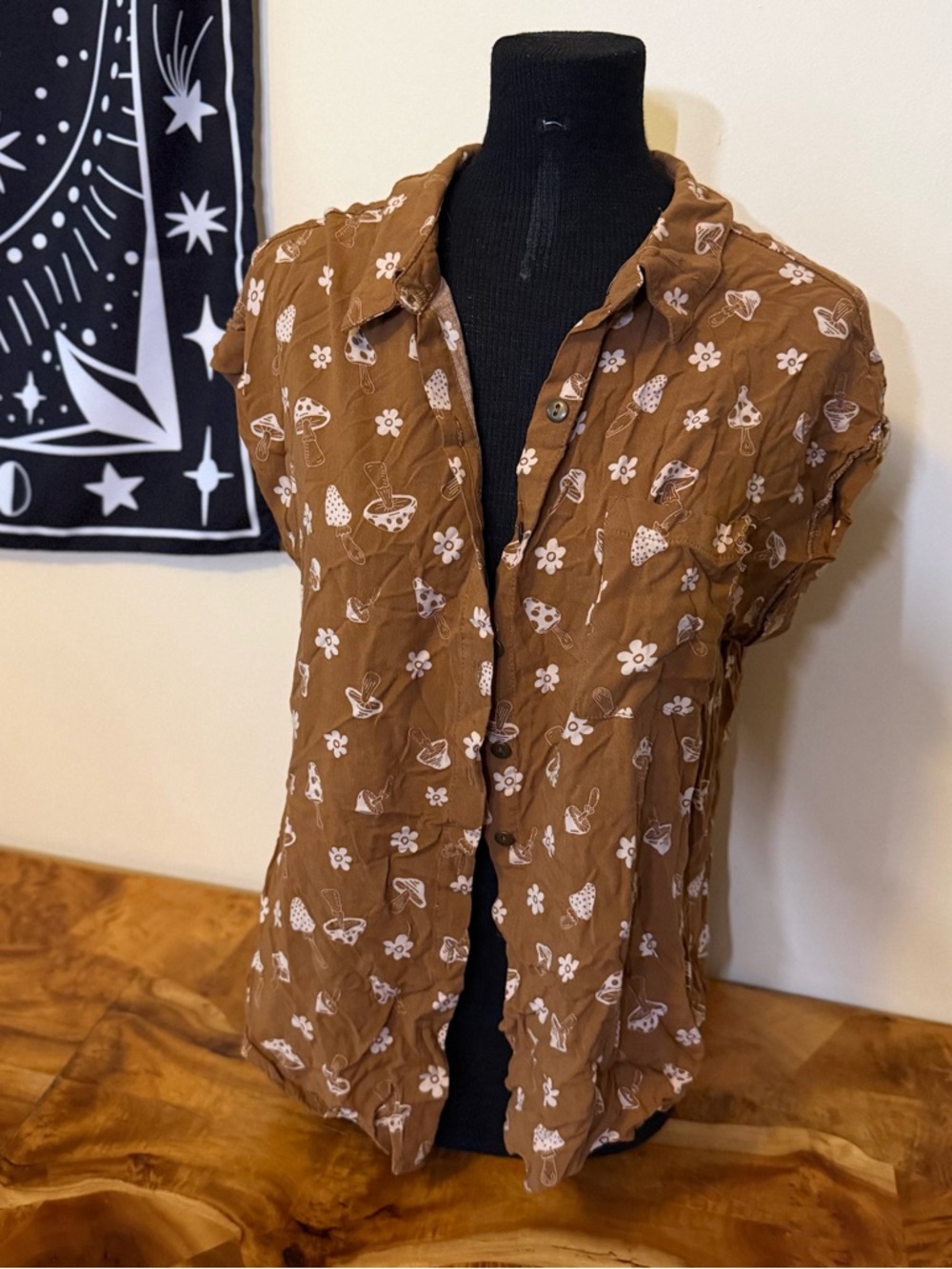 Juniors XL Fairycore Cottagecore Retro Button Up Blouse Top No Floral Mushroom